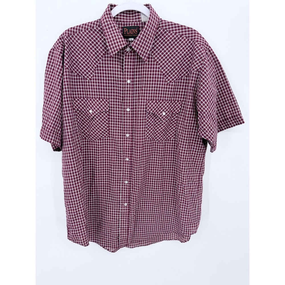 Plains Western Wear Vintage Shirt Men's Large‎ 90's Burgundy Plaid Pearl Snap